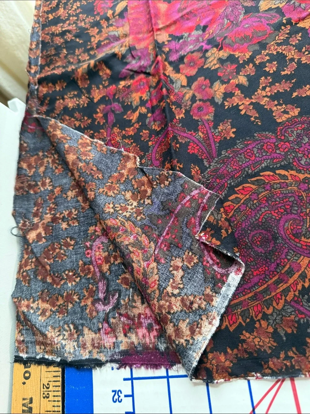 Vintage 1970s Paisley Floral Fabric Black Burgundy Rust Boho 3 Yards x 44”